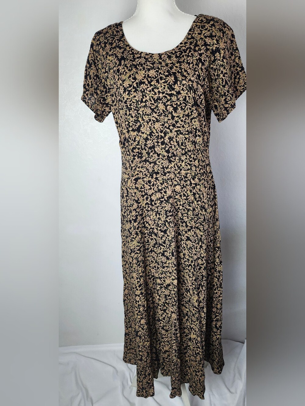 Vintage 90s Rabbit Rabbit Rabbit Rayon Maxi Dress Black Floral Women's 10